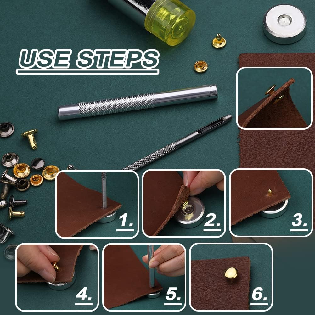 Yizzvb 320 Pcs Leather Rivets Kit， 60 Pcs Leather Snap Fasteners， 2 Size Leather Rivets Double Cap Rivet Kit， Double-Sided Nylon Hammer， 5 Pcs Installation Tools for Leather DIY Projects - Image 6
